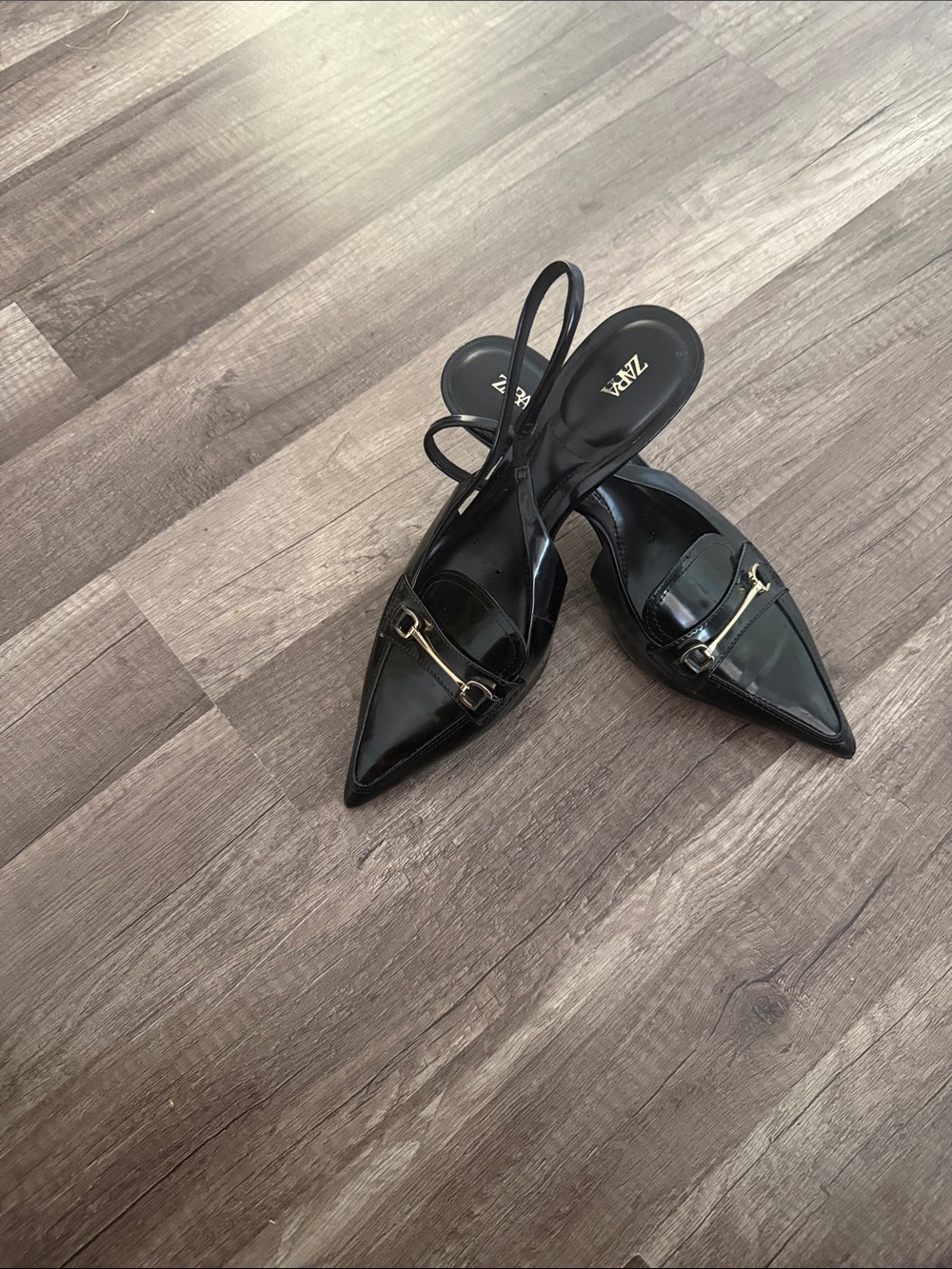 Zara Black Pointed Slingback Loafers with Gold Accent